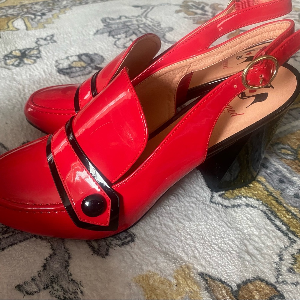 Red Patent Slingback Block Heels with Black Trim by Banned Retro